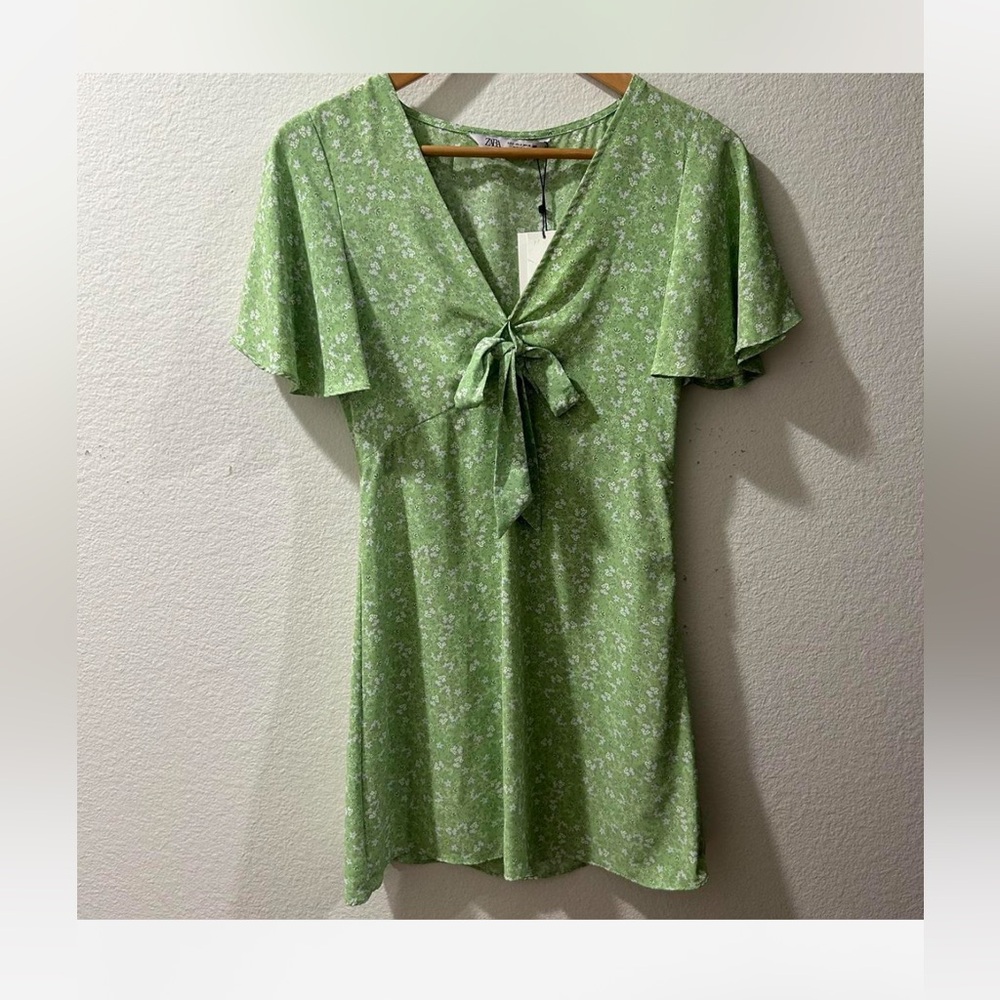 Zara Green Floral Midi Dress with Tie-Front
